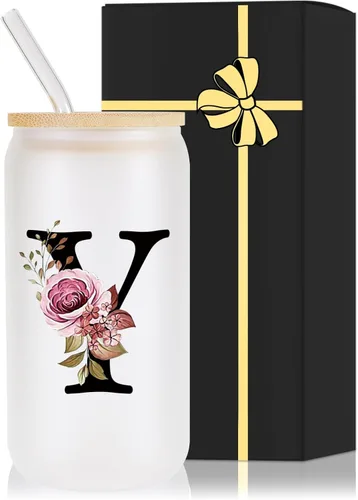 Miniatura 28 de Vaso de vidrio con monograma con tapa de bambú, popote personalizado, vaso de café helado de 16 onzas, tarro transparente de masón, cerveza, agua