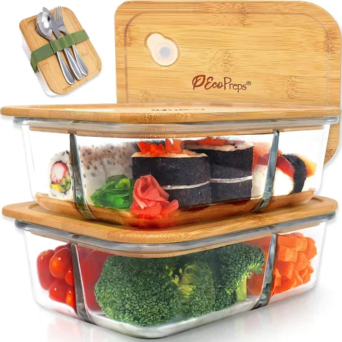 Miniatura 10 de EcoPreps Recipientes de vidrio para preparar comida con tapas de bambú (paquete de 3) - 100% libres de plástico, contenedores de almuerzo