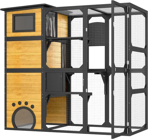 Miniatura 7 de Merax Catio - Caja grande para gatos de 4 niveles para exteriores, casa para gatos resistente a la intemperie fijada a la ventana para múltiples