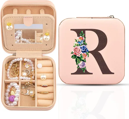 Meschett Joyero de viaje con espejo, organizador de joyas esenciales de viaje, organizador de anillos, collares y aretes, estuche de joyería de