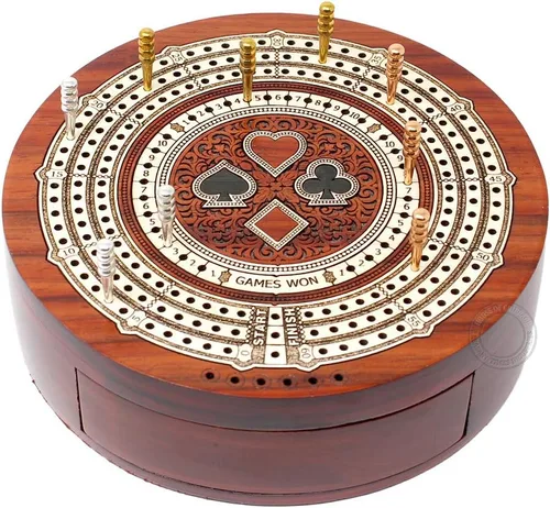 Miniatura 4 de House of Cribbage - Tabla de cuna de 3 pistas de forma redonda no continua - Almacenamiento de cajones para clavijas y 1 baraja de cartas con campos
