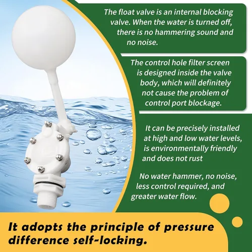 Miniatura 8 de Válvula flotante desmontable de 3/4, válvula de flotador de agua de plástico blanco con brazo ajustable para control de nivel de agua para estanque