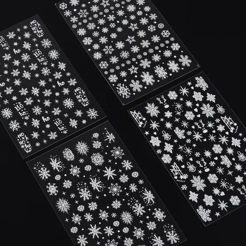 Miniatura 6 de Calcomanías de uñas de copos de nieve, 4 hojas 5D en relieve de Navidad, calcomanías de uñas de copo de nieve con purpurina blanca, calcomanías