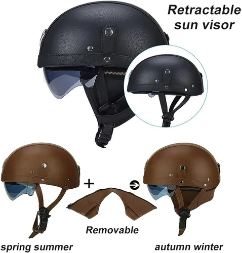 Miniatura 3 de Casco de motocicleta de cuero vintage alemán, medio casco para adultos con certificación DOT, para hombres y mujeres, con gafas y visera, para Azul
