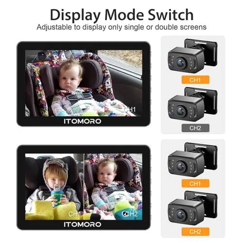 Miniatura 5 de Itomoro Espejos orientados hacia atrás, 2 cámaras de automóvil para niños, pantalla HD ultra ancha de 7 pulgadas 1080P con 2 cámaras de visión
