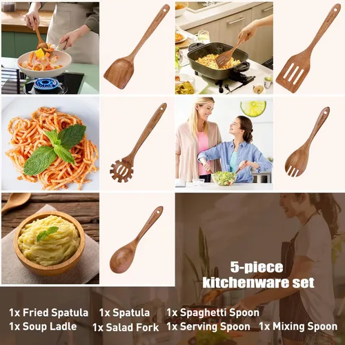Miniatura 7 de Cucharas de madera para cocinar, juego de utensilios de cocina de madera de 5 piezas hechos de material de madera maciza natural, incluye cucharas