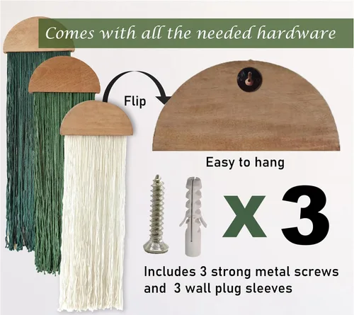 Miniatura 4 de Induslyfe Tapiz de macramé para colgar en la pared, 3 piezas, tejido bohemio para el hogar, elegante, decoración de pared geométrica bohemia, Verde