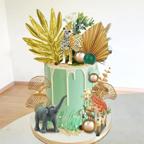 Miniatura 8 de 26 piezas de decoración de pasteles de animales de la selva, figuras de animales de safari, palmeras doradas, selva salvaje, animales salvajes