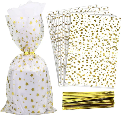 100 bolsas de regalo con estampado de estrellas de 6 x 10 pulgadas, bolsas de celofán para regalo, bolsas de regalo de fiesta, bolsas transparentes