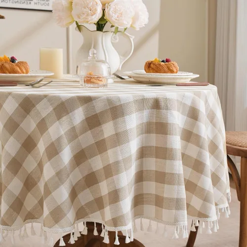 Miniatura 12 de JIALE - Mantel cuadrado de lino de algodón de cuadros Gingham con borlas, lavable, sin arrugas, mantel a cuadros de búfalo para fiesta al aire