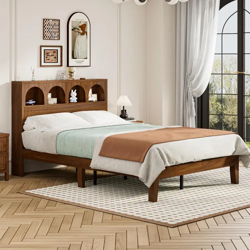Miniatura 7 de Lxsxlome Base de cama matrimonial con cabecera ondulada, cabecera de almacenamiento con 4 compartimentos de almacenamiento arqueados, marco de cama