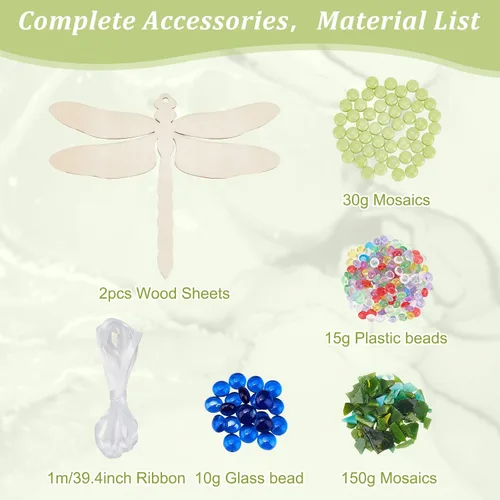 Miniatura 2 de WEBEEDY Make 2 Dragonfly Glass Mosaic Kit DIY Craft Glass Kit para adultos incluye mosaicos, chips de madera, cinta para Navidad, regalo