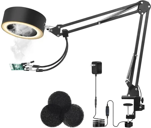 Extractor de humo de soldadura 3 en 1 con brazo ajustable de 26 pulgadas, 3 filtros de carbono, lámpara de ventilador de soldadura con 3 colores, 10