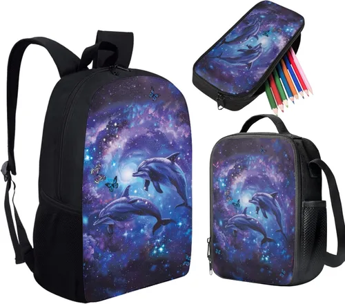 Miniatura 123 de HUGS IDEA Juego de 3 bolsas escolares con aislamiento térmico para el almuerzo, estuche para lápices