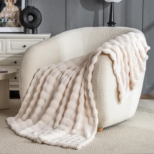 Miniatura 5 de Manta de Tiro de Piel Sintética Color Hueso para Sofá, Manta Suave y Esponjosa de Burbujas para Cama y Sofá, Manta Gruesa y Cálida de Felpa Difusa