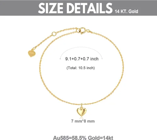 Miniatura 3 de SISGEM Tobillera de corazón de soplo de oro real de 14 quilates para mujer, pulsera de tobillo de amor, regalo de joyería para ella, 9+1+1 pulgada