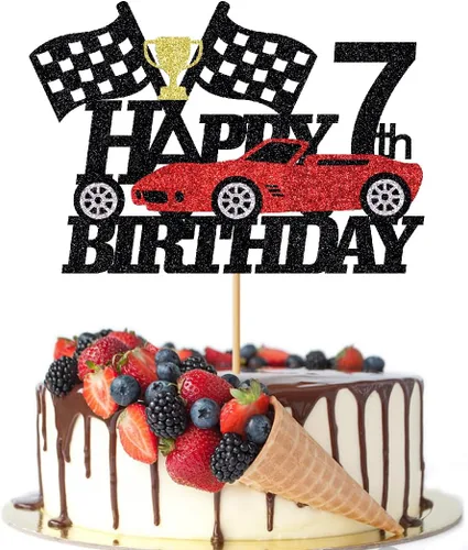 Miniatura 11 de Decoración de pastel de auto de carreras de 3 años, decoración de pastel de feliz tercer cumpleaños, auto de carreras, bandera a cuadros, rueda