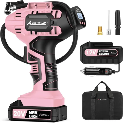 Avid Power Compresor de aire inalámbrico para inflador de neumáticos, bomba de neumáticos de automóvil de 20 V con adaptador de 12 V CC, compresor