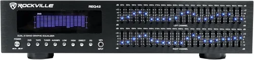Rockville REQ42-B - Ecualizador gráfico dual de 21 bandas, montado en rack de 48,3 cm/19", entrada/salida RCA, entrada MP3 de 3,5 mm, indicadores