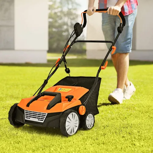 Miniatura 8 de Goplus Desbrozador y escarificador de césped 2 en 1, desbrozadora ajustable de 3 niveles de profundidad con bolsa de recolección de 11 galones y 2