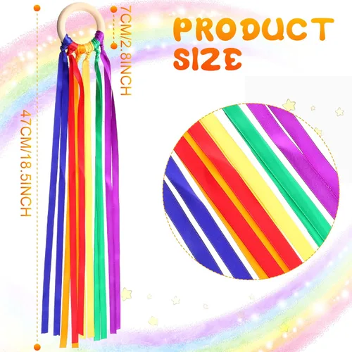 Miniatura 2 de Junkin Anillos de cinta de mano, juguetes Waldorf, cintas de muñeca bailarín, serpentinas de arco iris con anillo de madera, juguete educativo