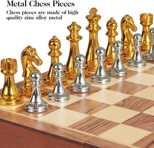 Miniatura 3 de BIVOMON Juego de ajedrez de metal para adultos y niños, tablero de ajedrez de madera plegable de 12 pulgadas con piezas de ajedrez de metal, juego