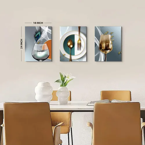 Miniatura 6 de AIYISU 3 piezas de arte de pared de cocina con copas de vino para decoración de pared del comedor Cuadros de copas de vino en teja, gris y oro