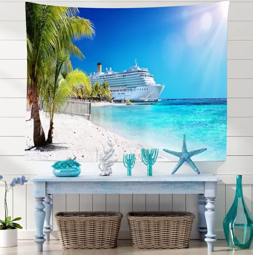 Miniatura 4 de Loccor Tapiz de crucero con diseño de palmera del mar caribeño, coral, playa, tapiz para colgar en la pared, isla tropical, sol, verano, vacaciones