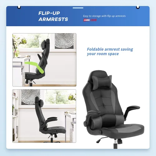Miniatura 5 de Sillas de juegos para adultos, silla giratoria de piel sintética, ajustable, con soporte lumbar, reposabrazos abatibles, reposacabezas para adultos