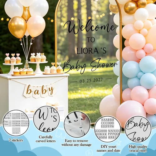 Miniatura 3 de JarThenaAMCS 7 calcomanías de espejo de baby shower, letrero de bienvenida, nombre de bricolaje, fecha, letras extraíbles, calcomanías de pared