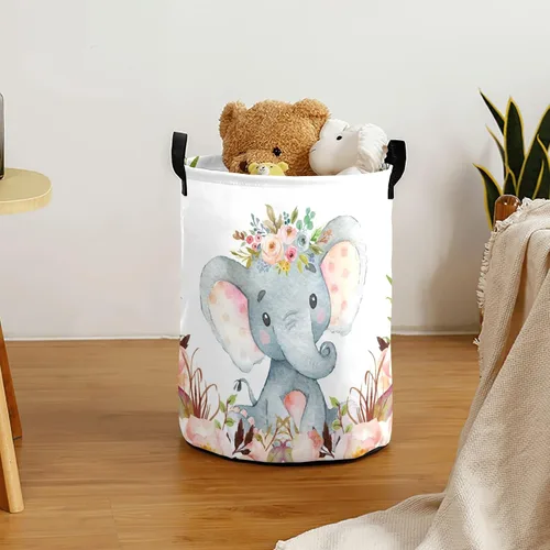 Miniatura 2 de Cestas de lavandería personalizadas con diseño de elefante y flores rosas con nombre, cestas de almacenamiento plegables con asas para playa y Multi