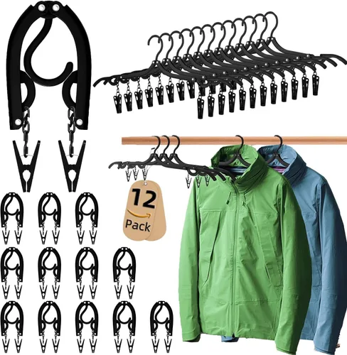 12 perchas de viaje negras con 24 clips plegables para maleta, perchas plegables portátiles para ropa, artículos esenciales para cruceros para