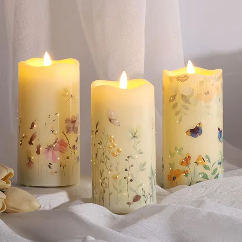 Miniatura 6 de Eywamage Velas de pilar de fibra óptica sin llama con control remoto, juego de 3, velas LED de resorte floral de mariposa, funciona