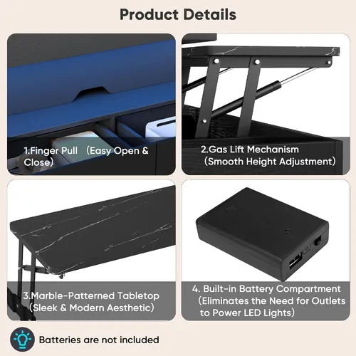 Miniatura 7 de Mesa de centro elevable de 40 pulgadas con luz LED, modernas mesas de centro grandes con almacenamiento y 4 cajones, mesa de centro de mesa
