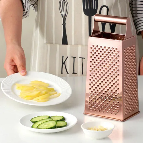 Miniatura 4 de IMIKEYA Rallador de queso de 4 caras de acero inoxidable con mango para verduras, jengibre, rebanada de cocina, trituradora de alimentos rosa Oro