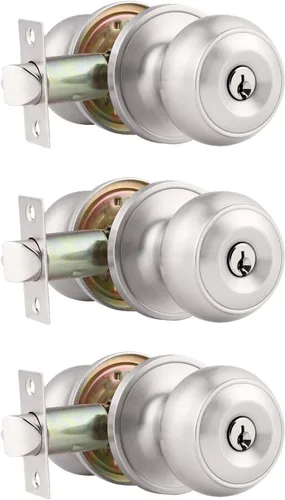 Probrico - Paquete de 3 perillas redondas de níquel satinado para puerta de entrada, con llaves iguales, puerta exterior e interior, delantera,