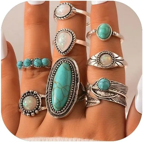 Airvess Juego de anillos vintage para nudillos, anillos apilables de turquesa gruesa, anillos apilables de plata para los dedos, joyería bohemia