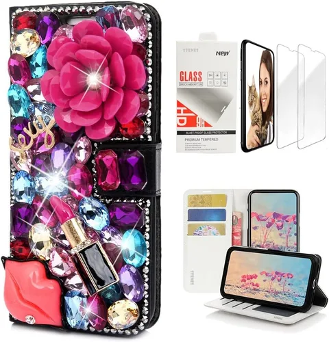 Miniatura 8 de Bling Wallet - Funda para teléfono compatible con iPhone 11, elegante, hecha a mano en 3D, de cristal de pavo real, magnética, con protector