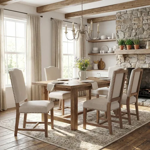 Miniatura 3 de ROCITY Juego de 2 sillas de comedor de lino tapizadas color beige, sillas laterales de cocina con patas de madera y ribete de cabeza de clavo