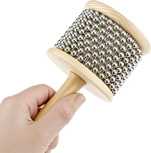 Miniatura 2 de QWORK Cabasa Instrumento musical de percusión de madera, coctelera de cuentas de acero inoxidable de 3.5 pulgadas con mango de madera