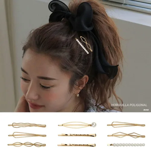 Miniatura 7 de 16 piezas de elegantes horquillas de metal geométricas, pinzas para el cabello con perlas, horquillas de novia doradas, pinzas bobby metálicas