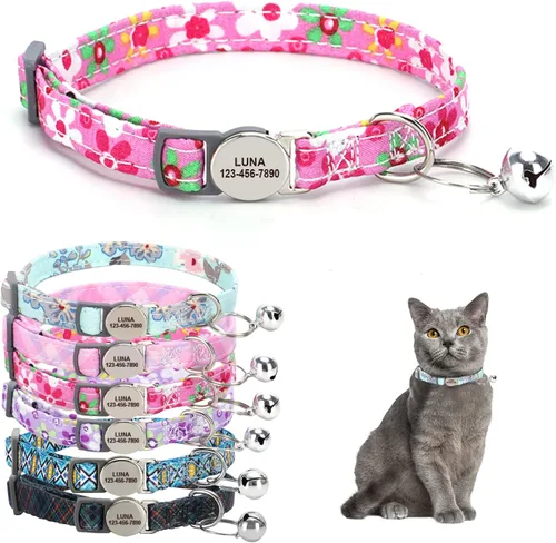 Collar de gato personalizado con campana, collar de gato personalizado grabado con nombre y teléfono, ajustable para gatos y gatitos