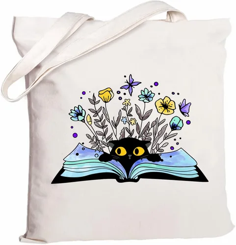 Miniatura 19 de Andeiltech - Bolsa de lona para mujer, con diseño de gato bonito y estética, bolsas reutilizables para compras y comestibles, con bolsillo