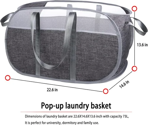 Miniatura 5 de Cesta de lavandería desplegable, de malla, con correas extendidas para los hombros, asas resistentes y tela catiónica de primera calidad (gris)