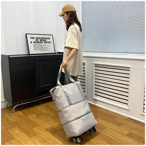 Miniatura 7 de Bolsa de equipaje plegable de doble capa, expandible, gran capacidad, separación seca y húmeda, bolsa de lona con ruedas, Rosado, Moda