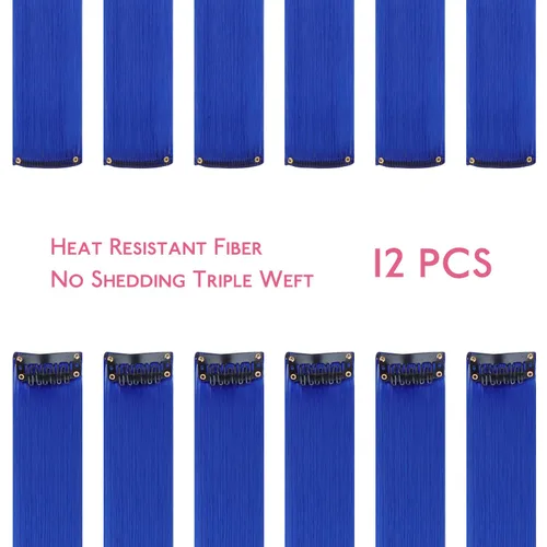 Miniatura 2 de Wennalife 12 piezas de extensiones de cabello azul con clip, extensiones de cabello con clip de colores para niños, pinzas de cabello arcoíris