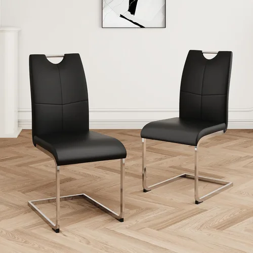 Miniatura 2 de Juego de 2 sillas de comedor, modernas sillas de cocina con respaldo alto con patas de metal y asiento acolchado de piel sintética, sillas de Negro