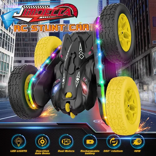Miniatura 2 de Jimdella Auto de control remoto, autos RC con tira de luz lateral y faros, auto de acrobacias RC giratorio de doble cara de 360°, juguetes todo LED