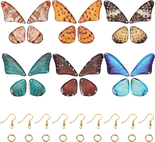 Miniatura 8 de FASHEWELRY 16 aretes de resina con alas de libélula y arco iris, mariposa, colgantes, alas de hada, coloridos dijes con ganchos para aretes, anillos