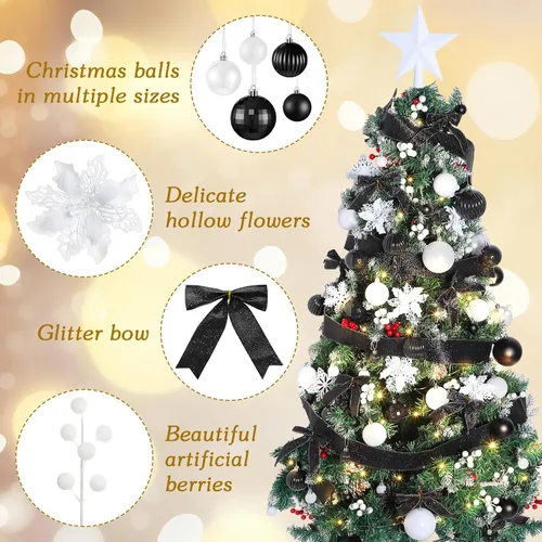 Miniatura 2 de Poen Juego de 108 adornos para árbol de Navidad, incluye bolas para árbol navideño, flor de pascua con purpurina, lazos, bayas, tallos, hojas, copos